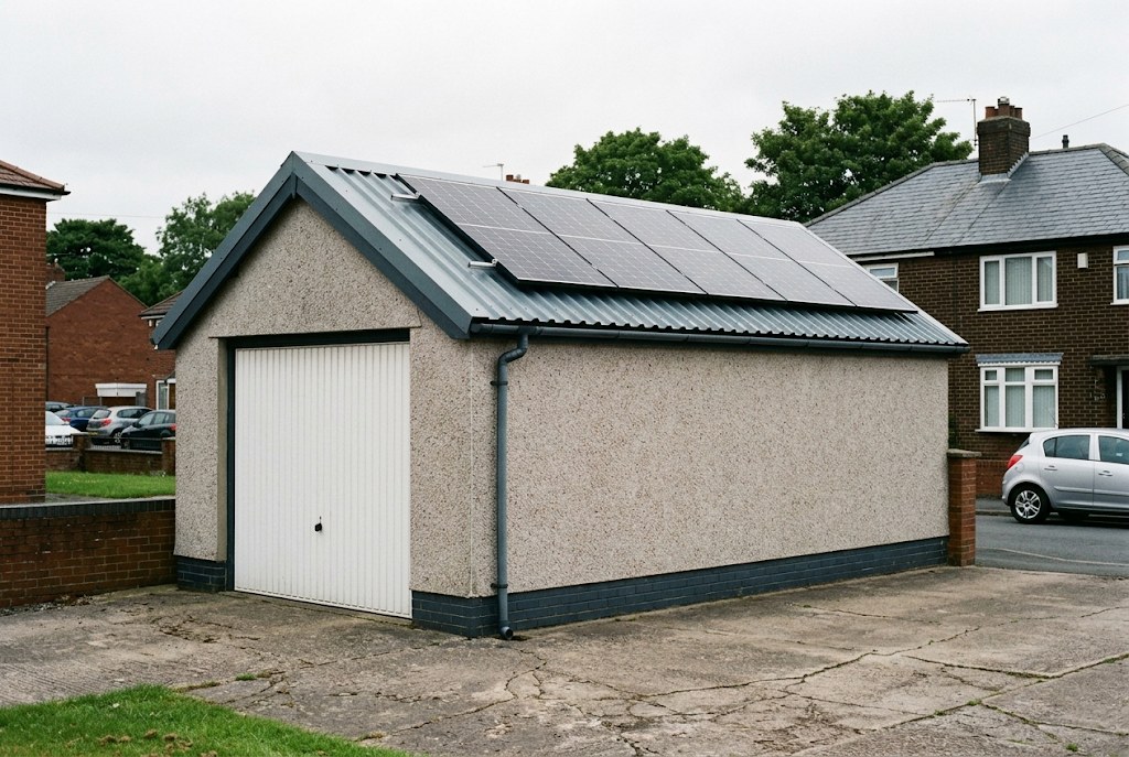 Garage with a new roof and solar panels