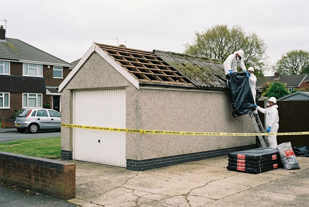 Operatives lowering an asbestos cement sheet from a Dudley garage roof